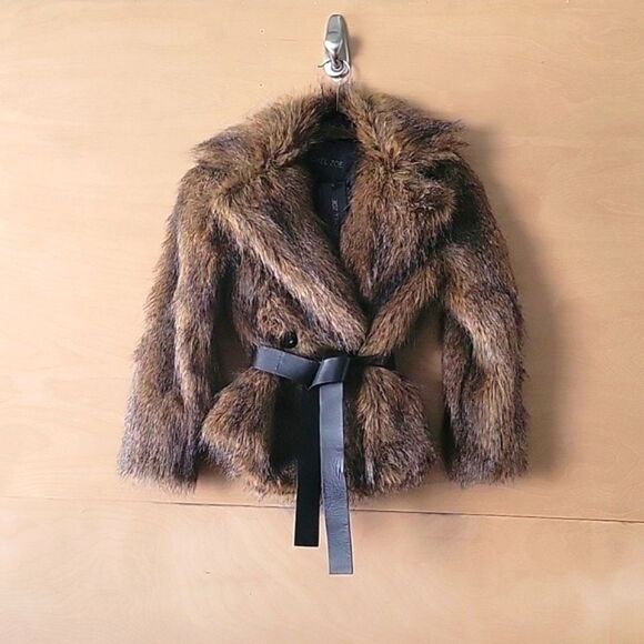 NWT Rachel Zoe Sz 2 XS Faux Fur Brown Belted Leather Waist Tie Coat Jacket Brown - Picture 1 of 16